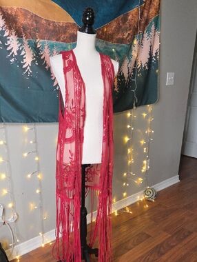 L&B Sheer Fringe Lace Vest in Deep Red Size M